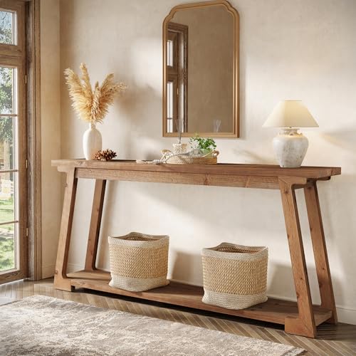 TRIBEWOOD Solid Wood Console Table, 63-Inch Long Couch Table Behind Sofa with 2-Tier Storage, Narrow Entryway Accent Furniture for Living Room, Hallway, Entrance, Foyer (Natural) TRIBEWOOD