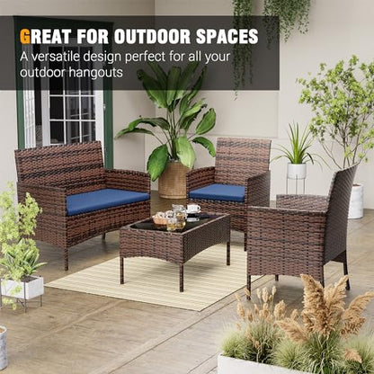 UDPATIO Patio Furniture 4 Pieces Outdoor Wicker Rattan Chair Balcony Conversation Sets Porch Furniture Sectional Loveseat w Cushions and Table for Backyard Pool Garden (Brown-Blue)