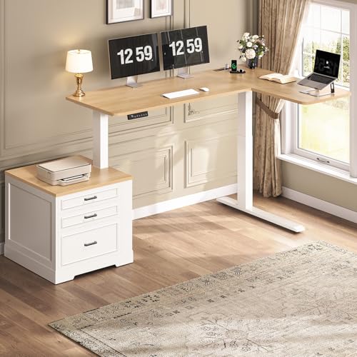 SEDETA Farmhouse L Shaped Electric Standing Desk, 70.9" x 39.4" Height Adjustable Office Executive Desk with 3 Drawers, Standing Computer Desks with Power Outlet for Home Office, Oak SEDETA