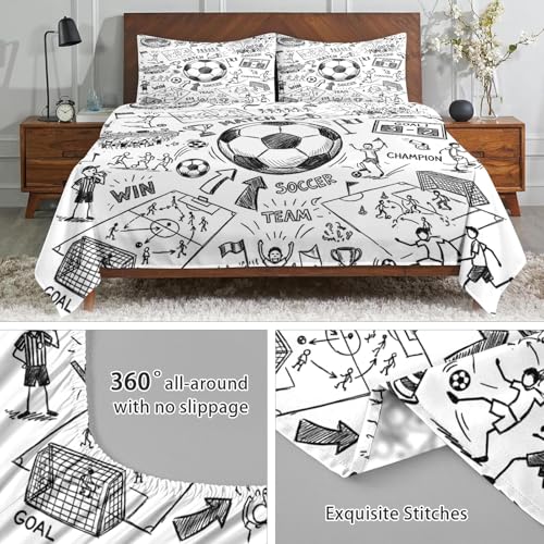 WeCozy Queen Size 4 Pcs Bed Fitted Sheet Set with 14" Deep Pocket, Game Soccer Painting Flat Sheet Set for Kids and Adults, Sport Ball Football Bedding with 2 Pillowcases for Bedroom Decor WeCozy