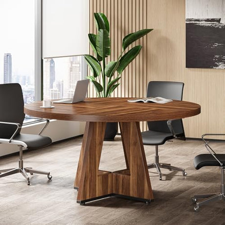 Tribesigns 47-Inch Round Conference Table for 4-6 People, Wooden Meeting Room Table with Thicken Tabletop and Wood Base Tribesigns
