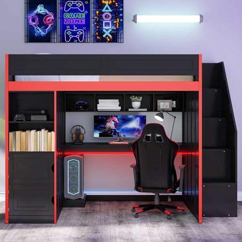 SOFTSEA Full Size Gaming Loft Bed with Desk & Storage Stairs, Solid Wood Loft Bed with LED Lights, Wardrobe and Shelves, Space-Saving Gaming Bed for Kids Teens Adults, Black + Red SOFTSEA