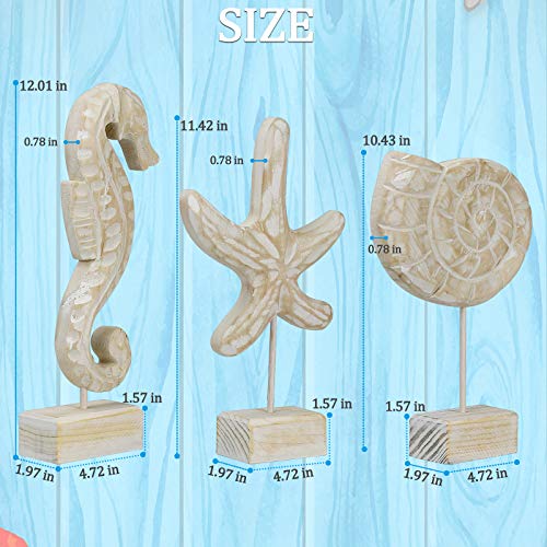 Exttlliy 3pcs Wood Handmade Beach Nautical Style Figurines Starfish/Conch/Seahorse Statue Home Decor