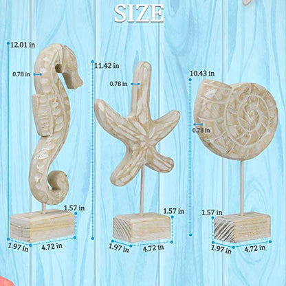 Exttlliy 3pcs Wood Handmade Beach Nautical Style Figurines Starfish/Conch/Seahorse Statue Home Decor