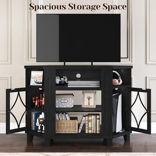 FansaFurn Corner TV Stands with 18'' Fireplace, Media Console Table with Adjustable Shelves & Acrylic Doors, Entertainment Center for TVs up to 55'', Corner Cabinet for Living Room, Bedroom, Black FansaFurn