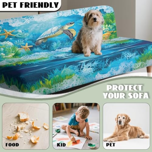 Txsniver Armless Sofa Slipcover Polyester Spandex Stretch Futon Cover, Dustproof Elastic Couch Cover Furniture Protector Machine Washable for Home, Dorm, Living, Turtle Print Txsniver
