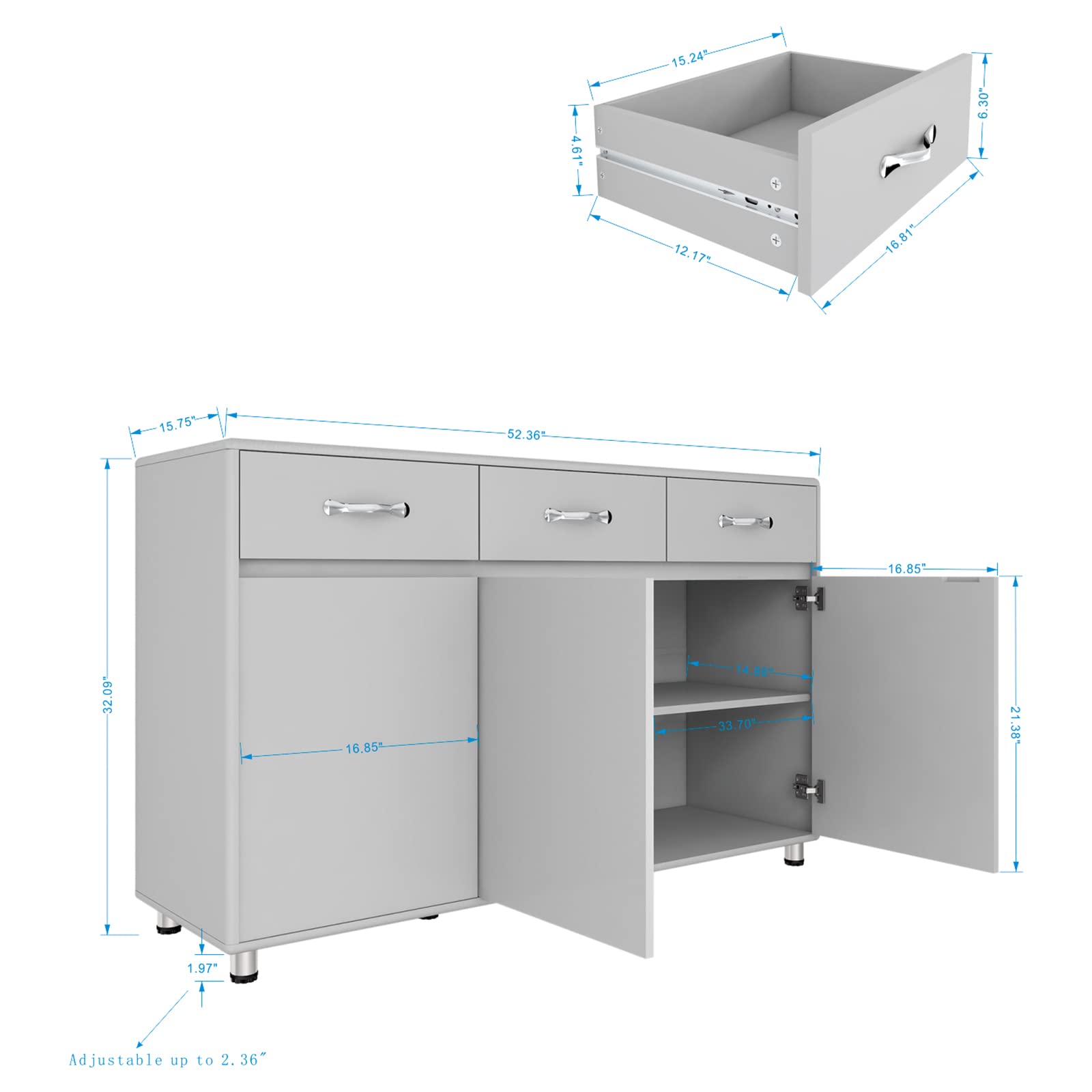 GLCHQ Storage Drawer File Cabinet Side Cabinet Entryway Console Side Tables with Three Drawers and Three Doors for Office or Kitchen Room (Three Doors, Grey) - WoodArtSupply