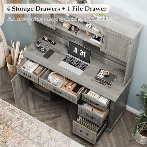 67" H Farmhouse Executive Desk with Hutch. Wood Workstation with 5 Drawers, Storage Cabinet, File Drawers and Charging Station, Ideal as Office Desks, Computer Desk for Home Office and Study.Gray Halitaa