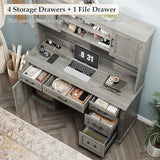 67" H Farmhouse Executive Desk with Hutch. Wood Workstation with 5 Drawers, Storage Cabinet, File Drawers and Charging Station, Ideal as Office Desks, Computer Desk for Home Office and Study.Gray Halitaa