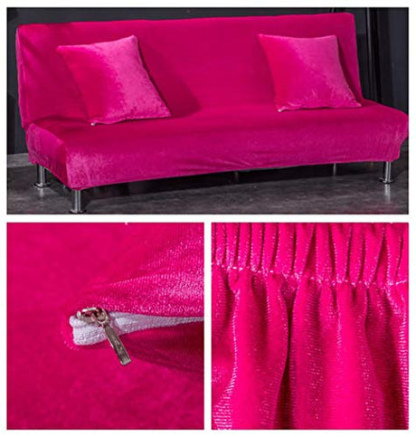 vannawong Folding Sofa Slipcover Stretch Armless Futon Couch Covers Plush Velvet Soft One Piece T Cushion Sleeper Bed Lounge Covers Removable Solid Color Hot Pink 160-190cm/62-74 vannawong
