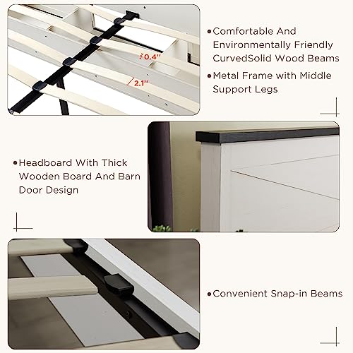 Farmhouse King Size Bed Frame with Sliding Barn Door Storage - JXQTLINGMU Antique White JXQTLINGMU