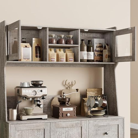 GarveeHome 67 in Tall Kitchen Hutch Storage Cabinet, Coffee Bar Cabinet with 3 Drawers and LED Lights, Freestanding Food Pantry with Countertop for Living Dining Room, Grey GarveeHome