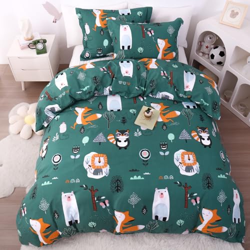 JSD Green Forest Animal Kids Duvet Cover Set Queen Size, 3 Piece Soft Printed Microfiber Comforter Cover with Pillow Sham Zipper Closure, Comforter Not Included JSD