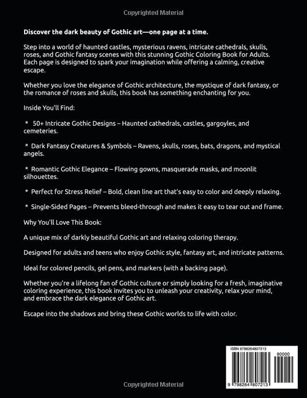 Gothic Coloring Book for Adults: 50+ Darkly Beautiful Designs of Cathedrals, Ravens, Roses, Skulls, and Gothic Fantasy Art for Relaxation and Creativity (The Gothic Dreams Coloring Series) Majosta