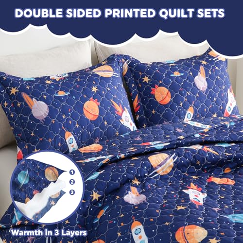 CIMVI Space Rocket Universe Quilt Set Twin for Kids Boys Bedding Sets with Pillowcase Soft Microfiber Bedspread Lightweight Cute Summer Quilted Blanket All-Season CIMVI