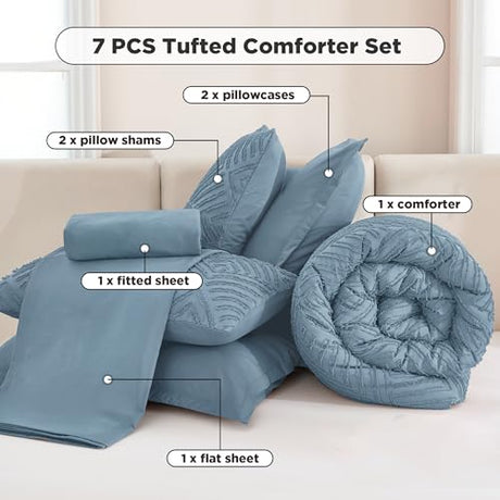 Andency King Size Comforter Set 7 Pieces Grayish Blue - Bed in a Bag King Boho Lightweight Fluffy Tufted Bedding Sets with Comforter, Sheets, Pillowcases & Shams Andency