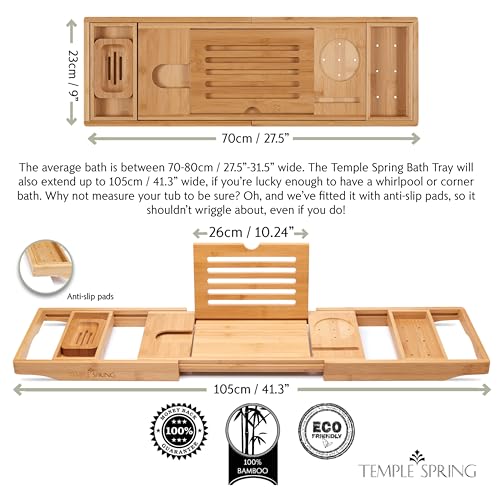 Temple Spring Bathtub Tray -Bamboo Luxury Bathroom Accessories-Bath Spa Gifts for Women & Men-Bath Tray for Bathroom Essentials-Bath Caddy Bath Tray for Tub-Wooden Tray for Bathtub Accessories-Natural Temple Spring