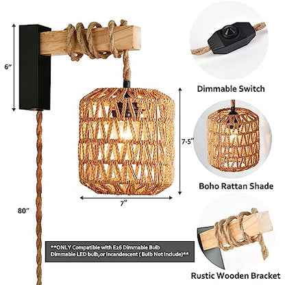 Capslad Plug in Wall Sconces Set of Two Dimmable Boho Rattan Wall Lamp with Wood Arm Rustic Wall Mount Lamp with Hemp Rope Cord Farmhouse Wall Light Fixture for Bedroom Living Room Hallway En - WoodArtSupply