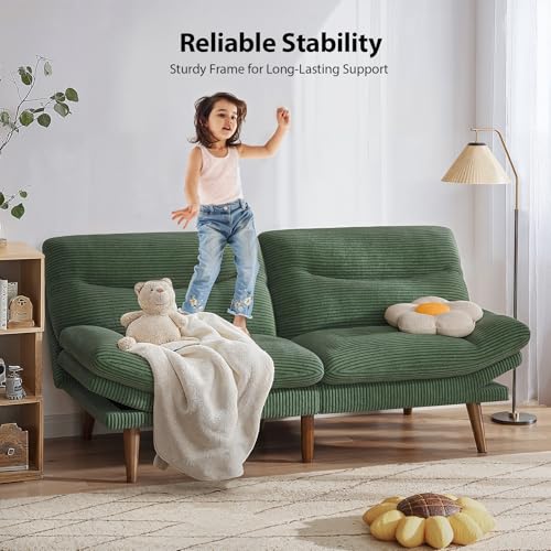 PERLECARE Convertible Futon Sofa Bed, 73" Corduroy Futon Couch with Adjustable Backrest and Armrests, 3-in-1Recliner Sleeper Sofa for Small Spaces, Play Room,Living Room or Office（Green，73 in） PERLECARE