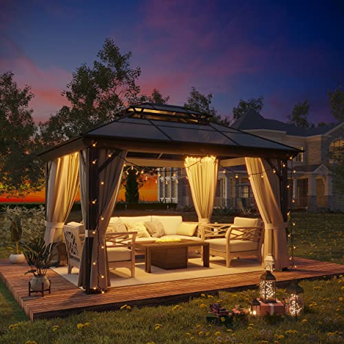 GAZEBEST 10' X 13' Permanent Hardtop Gazebo, Outdoor Polycarbonate Double Roof Pavilion Pergola Canopy with Aluminum Frame and Privacy Curtains for Patio, Garden, Backyard, Lawn - WoodArtSupply