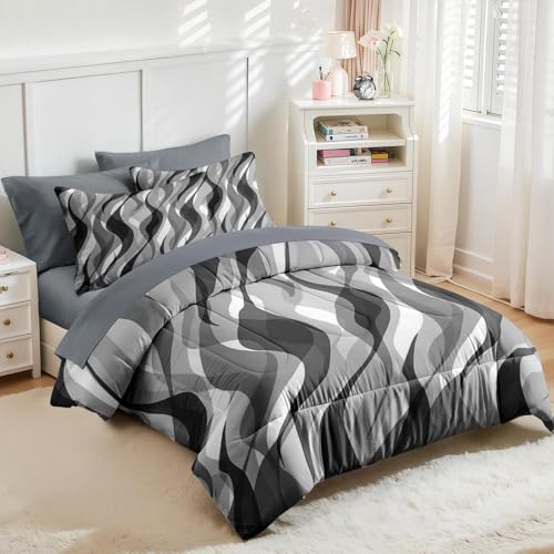 Nesker Comforter Set Queen Size, Minimalist 7 Pcs Bedding for Kids and Adults, Black White Gray Wave Bed Sheet Sets with Fitted Sheet 2 Pillowcases & 2 Shams Nesker