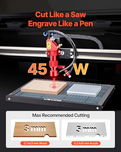 VEVOR 45W CO2 Laser Engraver, 12 x 8 in, Desktop CO2 Laser Engraver Cutter Machine with Rotary Axis, Air Assist, Engraving Machine Compatible with LightBurn CorelDRAW GRBL, for Wood Acrylic Glass VEVOR