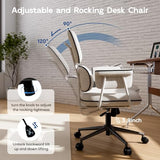 Fabric Office Chair with Granular Linen, Mid Back Vintage Desk Chair with Wheels and Wide Arms, Mid Century Modern Home Office Desk Chairs with Memory Foam Seat Cushion, Adjustable Height, White HomeZeer