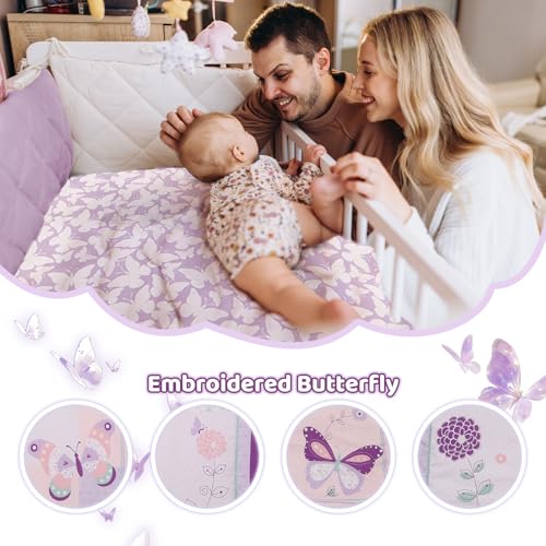 Wowelife Girl Crib Bedding Set, Butterfly Baby Girl Nursery Bedding Set, Premium Purple Baby Bedding Set, Baby Girl Cot Bed Set Include Quilted Comforter, Crib Skirt and Crib Sheet, Purple Wowelife