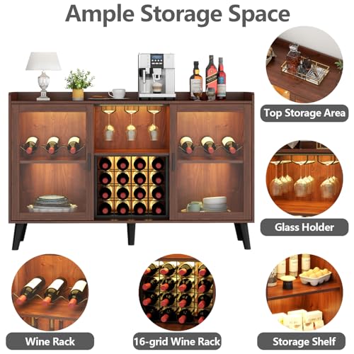 Auromie Wine Bar Cabinet with Led Light, Home Coffee Cabinet with Wine and Glass Rack, Kitchen Buffet Sideboard with Storage Shelves, Freestanding Liquor Cabinet for Living Room, Dining Room (Walnut)