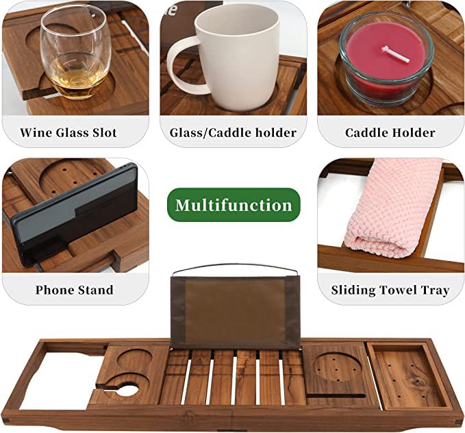 VaeFae Teak Bathtub Tray, Expandable Wooden Bath Tray for Tub with Wine and Book Holder, Solid Bathroom Caddy with Free Teak Body Brush VaeFae