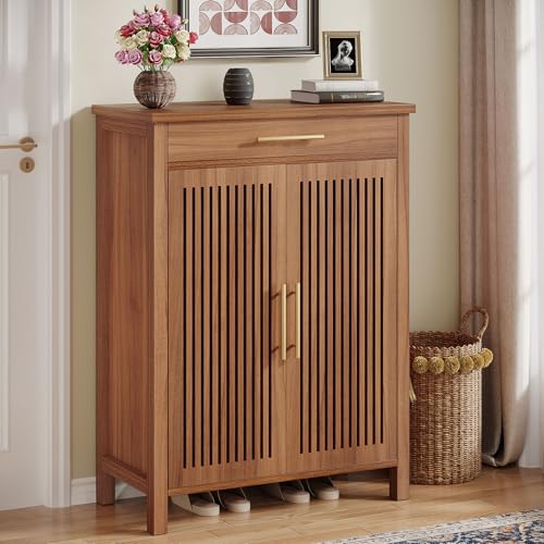 Tribesigns Shoe Cabinet, 5-Tier Shoe Storage Cabinet with Louvered Doors and Drawer, Freestanding Wooden Shoe Rack Organizer with Adjustable Shelves for Entryway, Hallway, Closet, Brown Tribesigns
