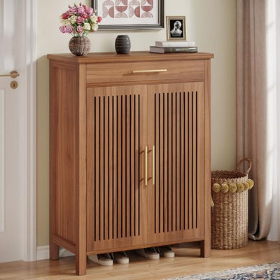 Tribesigns Shoe Cabinet, 5-Tier Shoe Storage Cabinet with Louvered Doors and Drawer, Freestanding Wooden Shoe Rack Organizer with Adjustable Shelves for Entryway, Hallway, Closet, Brown