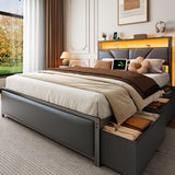 OURPIC Full Size Bed Frame, 2-Tier Storage Headboard & 6 Drawers, PU Leather Upholstered Platform Bed Frame Full with Charging Station and LED Lights, No Box Spring Needed, Noise Free OURPIC