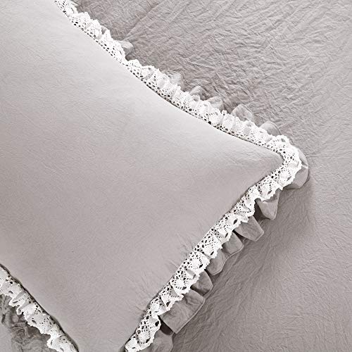 Lush Decor Ella Ruffle Lace Comforter, 3 Piece Set, King, Light Gray - Cute Comforter - King Bedding Set - Gray Bedding - Coquette Decor - Ruffle Trim - Lace Trim Lush Decor