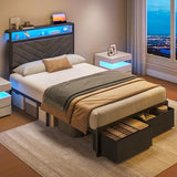 Fluest Twin Bed Frame with Storage Drawers, Upholstered Headboard with Charging Station, LED Lights, Fabric Drawers with Wheels, Under Bed Storage, No Box Spring Needed, Easy Assembly, Grey Fluest