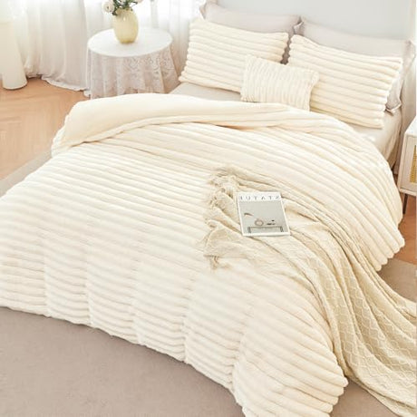 ANGIYUIN 3 Pieces Cream Fluffy Girls Duvet Cover Set Twin Beige Faux Fur Stripe Comforter Cover Luxury Fuzzy Bedding Cover Set for Kids Teens 1 Duvet Cover with 2 Pillowcases(Cream Twin) ANGIYUIN