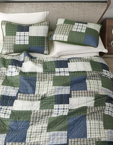 Chezmoi Collection Cedar 2-Piece Printed Patchwork Quilt Set, Green Navy Plaid Coverlet - Pre-Washed Microfiber Lightweight Bedspread for All Seasons, Twin Size Chezmoi Collection
