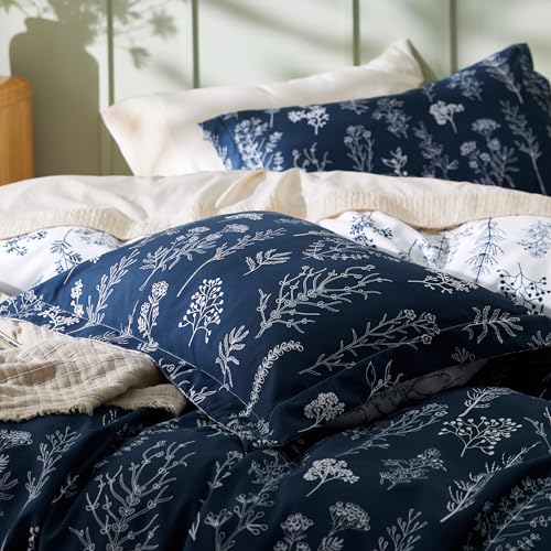 Bedsure Twin/Twin XL Duvet Cover - Reversible Navy Blue Duvet Cover Set with Zipper Closure, 2 Pieces Cute Floral Patterned Bedding Set with 8 Corner Ties and 1 Pillow Sham Bedsure