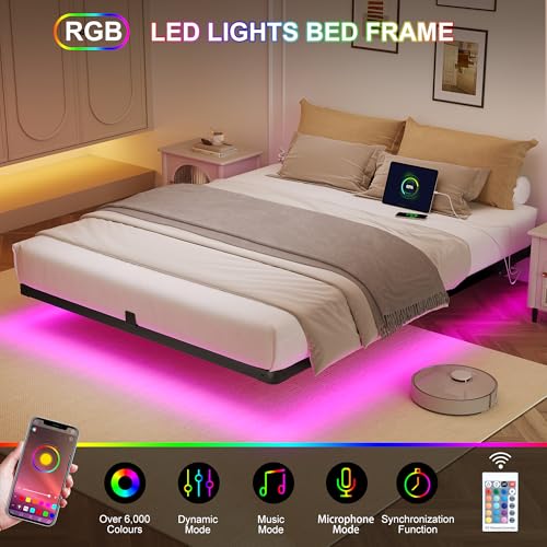 Decofy Full Size Floating Bed Frame with LED Lights and Charging Station, Modern Minimalist Design, No Spring Mattress Required, Easy to Assemble Decofy