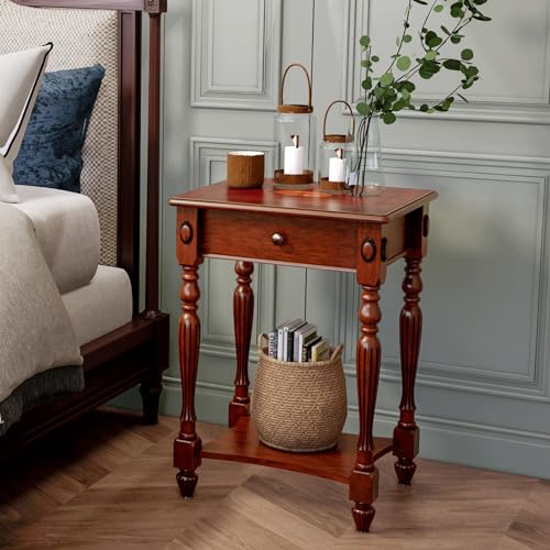 MODERION Solid Wood Side Table with Drawer and Storage Shelf, Traditional End Table, Narrow Telephone Nightstand, Carvings Elegant Vintage, for Living Room, Bedroom, Office Cherry Walnut GBJ1533WD MODERION