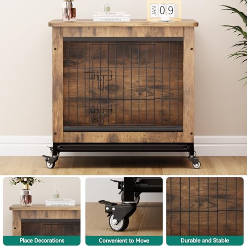 YITAHOME Dog Crate Furniture with Cushion, Dog Kennel Indoor with Wheels, Dog Crate End Table with Tray, 27" Dog Cage with Double Doors for Small Dog (Rustic Brown)