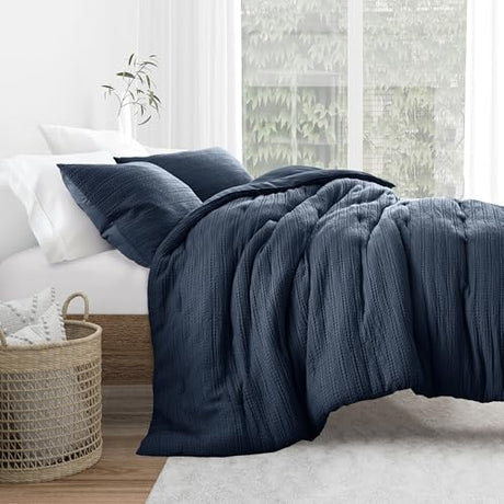 Merit Linens Waffle Textured 3 Piece Comforter Set All Season Down-Alternative Ultra Soft Bedding - Full/Queen Navy Merit Linens