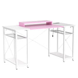 armocity Computer Desk with LED Lights, 55 Inch Desk with Power Outlet and USB, Reversible Large Desk with Moveable Monitor Stand, 55.2'' Gaming PC Table for Home Office, Workstation, Pink and White armocity