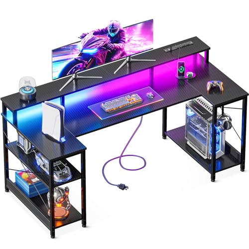 ODK 55 Inch Gaming Desk with LED Lights and Power Outlet, U-Shaped Computer Desk with Monitor Stand and Storage Shelves, PC Gamer Table for Home Office, Carbon Fiber Black ODK