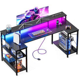 ODK 55 Inch Gaming Desk with LED Lights and Power Outlet, U-Shaped Computer Desk with Monitor Stand and Storage Shelves, PC Gamer Table for Home Office, Carbon Fiber Black ODK