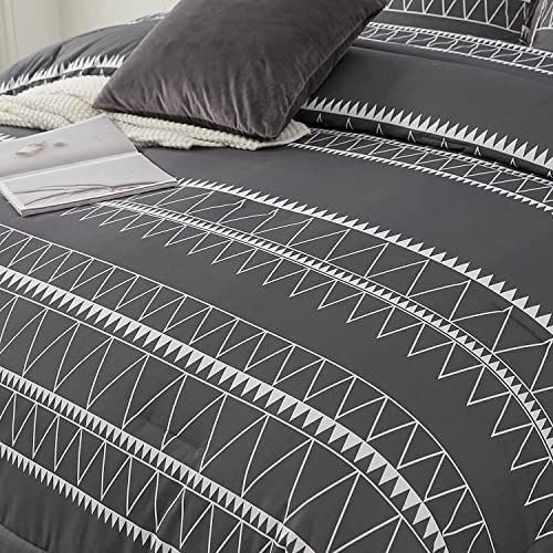 WONGS BEDDING Dark Grey Comforter Set California King, Reversible Boho Triangle Bedding Comforter Set for Cal King Bed 3 Pieces (1 Comforter + 2 Pillowcases), Microfiber Bedding Set 104"x 96" WONGS BEDDING