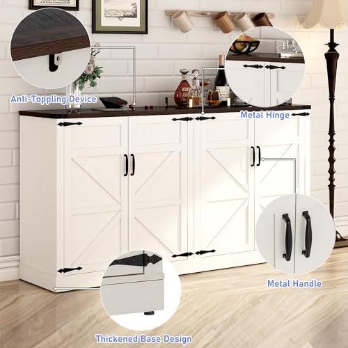 Sideboard Buffet Cabinet with Storage - 65 Inch Farmhouse Kitchen Sideboard Cabinets with Adjustable Shelves, Wooden Coffee Bar Storage Cabinet Buffet Table for Kitchen, Dining Room, White chartustriable