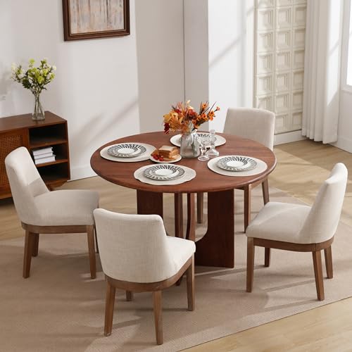 RIVOVA Modern Dining Chairs Set of 6, Comfortable Dining Room Chairs with Back, Linen Fabric Upholstered Kitchen Side Chairs with Wood Legs for Living Room, Beige RIVOVA