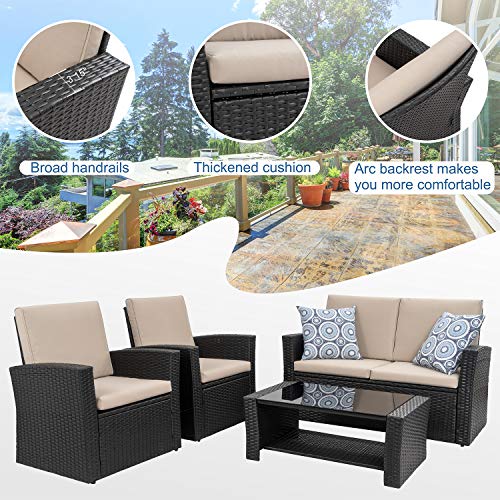 Shintenchi 4-Piece Outdoor Patio Furniture Set, Wicker Rattan Sectional Sofa Couch with Glass Coffee Table | Black - WoodArtSupply