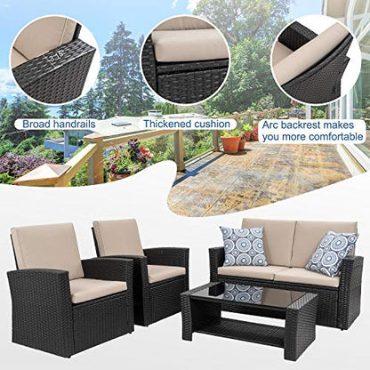 Shintenchi 4-Piece Outdoor Patio Furniture Set, Wicker Rattan Sectional Sofa Couch with Glass Coffee Table | Black - WoodArtSupply